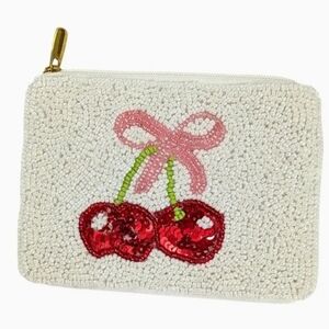#92651 Trendy Chic Fabulous CHERRIES Beaded Coin Or Lipstick Purse Pouch